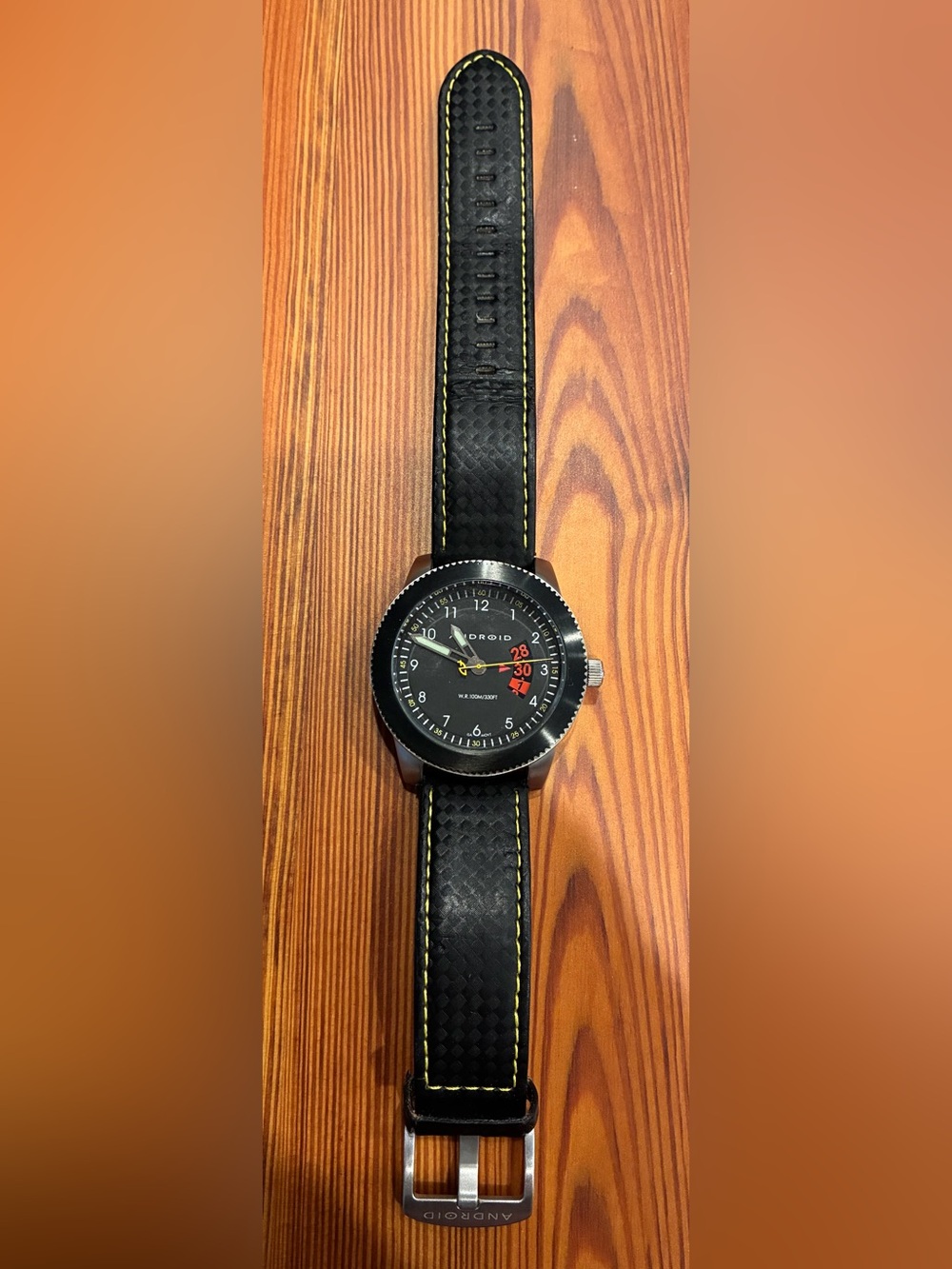 Android Men's Black Leather Watch with Yellow Stitching